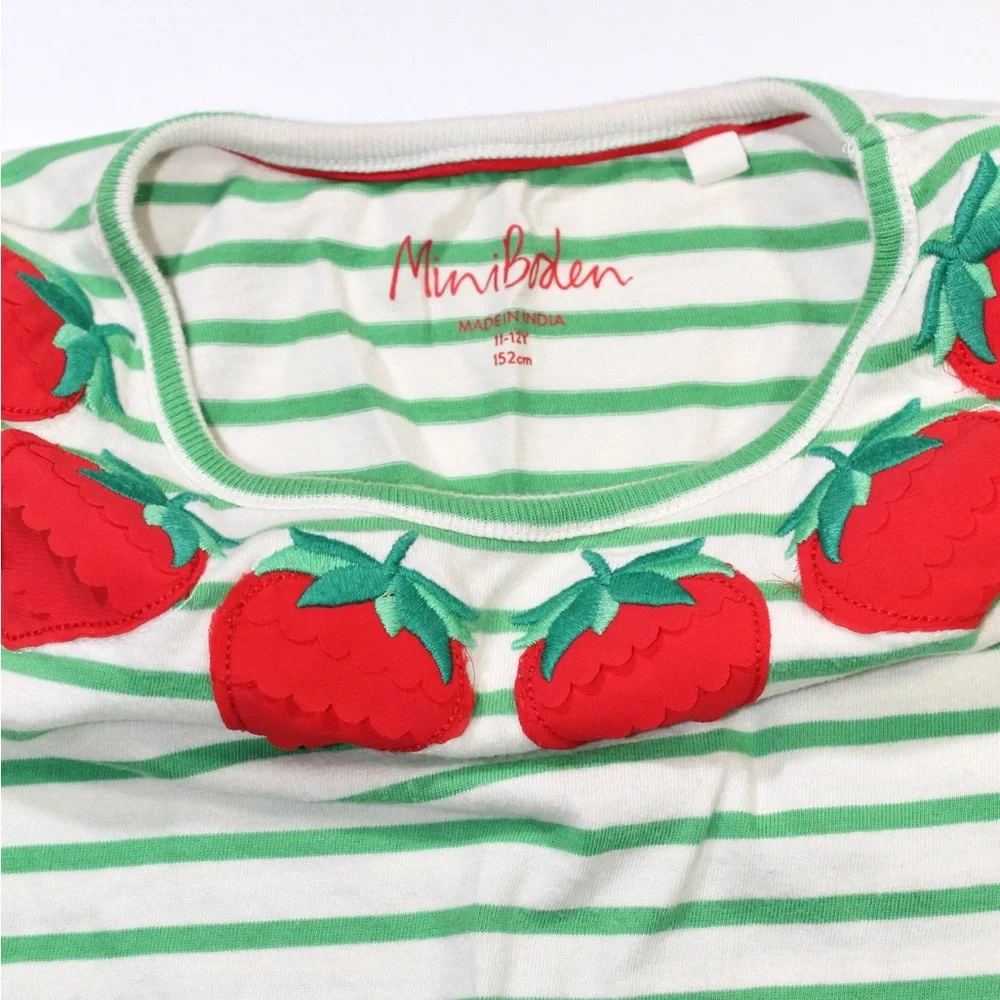 Mini Boden Girls Green & White Stripe Tee with Red Strawberry Appliqué